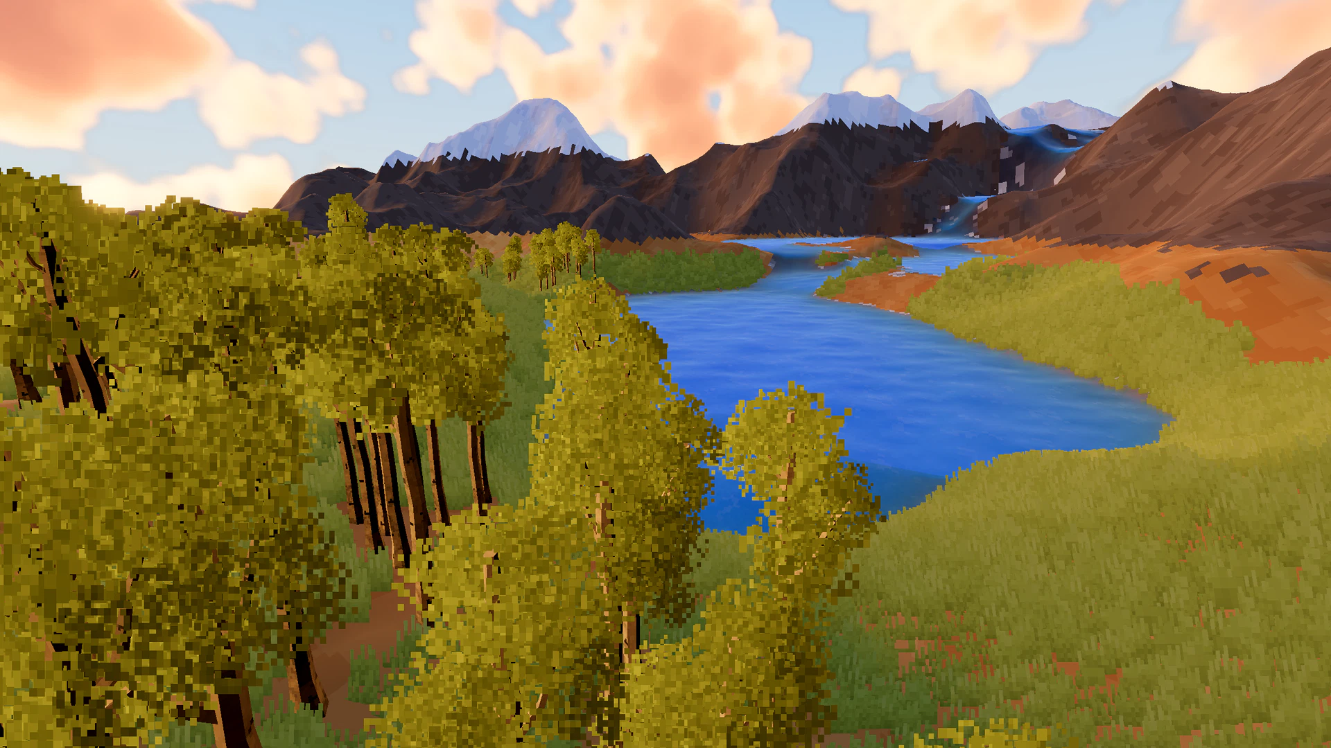 Grass and trees around a small pond.