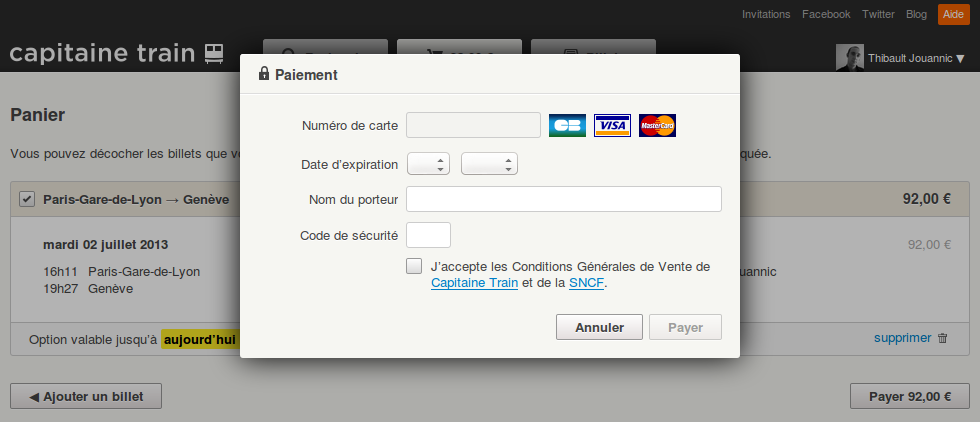 Exemple de paiement sur site par Capitaine Train